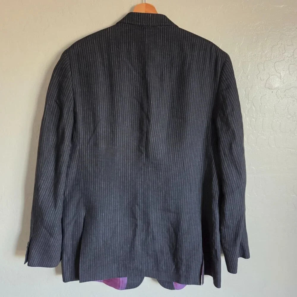 Banana Republic Vintage Y2K 100% Linen Pinstripe Blazer Black 44R Purple Lining